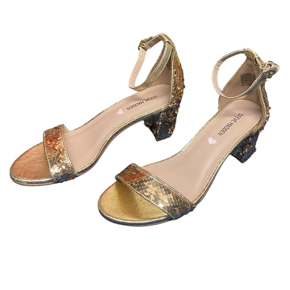 Steve Madden Gold Sequin Ankle Strap Block Heels